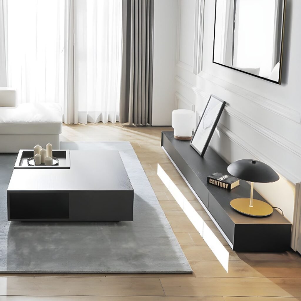 1200x12008 85 Black Wood Grain Media Base with 4 Drawers, Bold 71 inch Low Profile TV Console for Modern Living