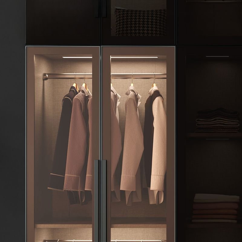 Elegant Dark Grey Glass Wardrobe with Integrated LED Lighting, 96" High Luxury Armoire featuring 3C Tempered Glass & Soft-Close Drawers - Image 11
