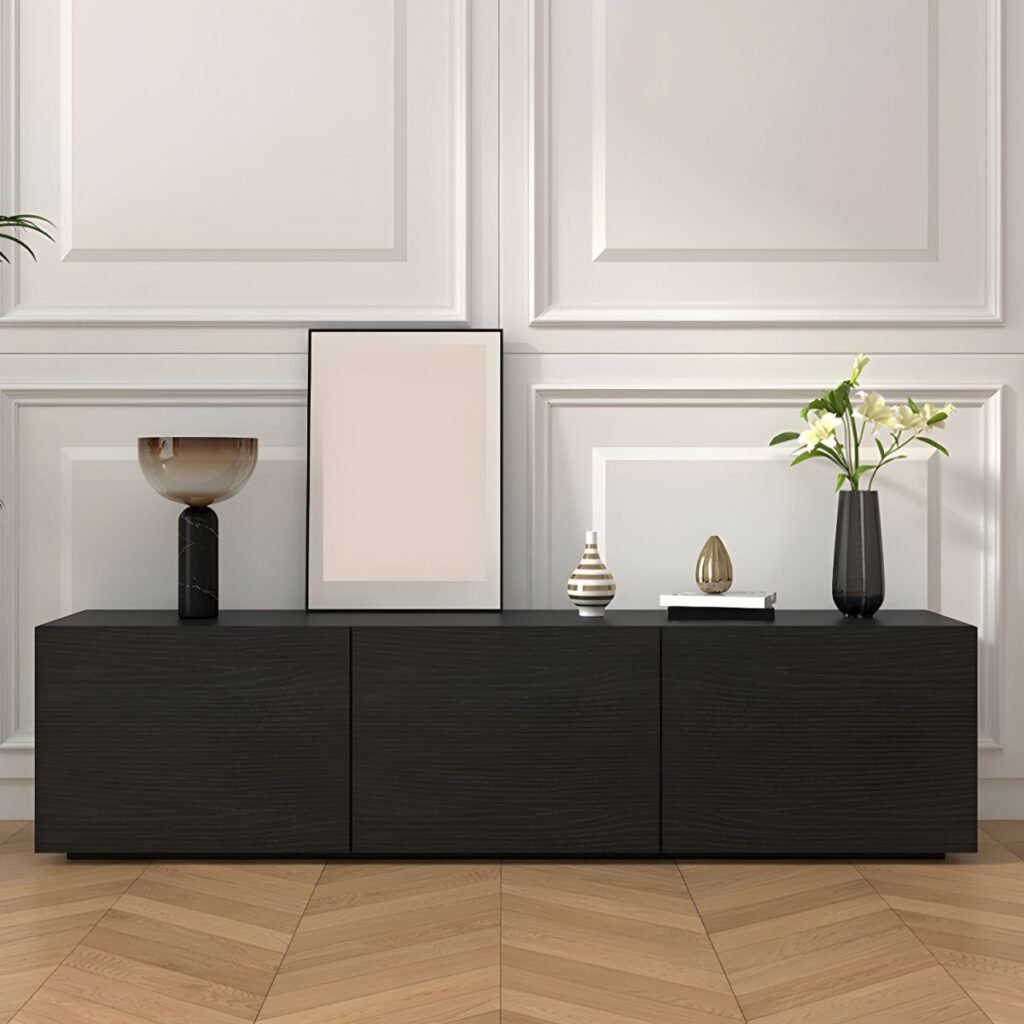 1200x12009 36 Sophisticated Black Wood TV Stand with 4 Hidden Handle Drawers, 86.5-inch Modern Minimalist Media Console for Large Screen TVs