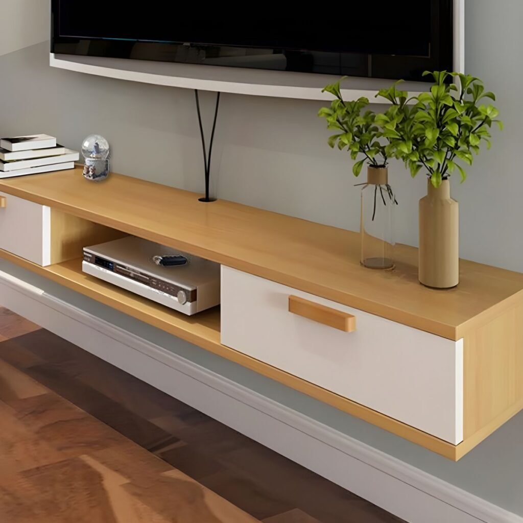 1200x12009 37 Natural Color Lumber TV Stand with Exposed Storage, Shelf, 2-Drawer & Cable Management