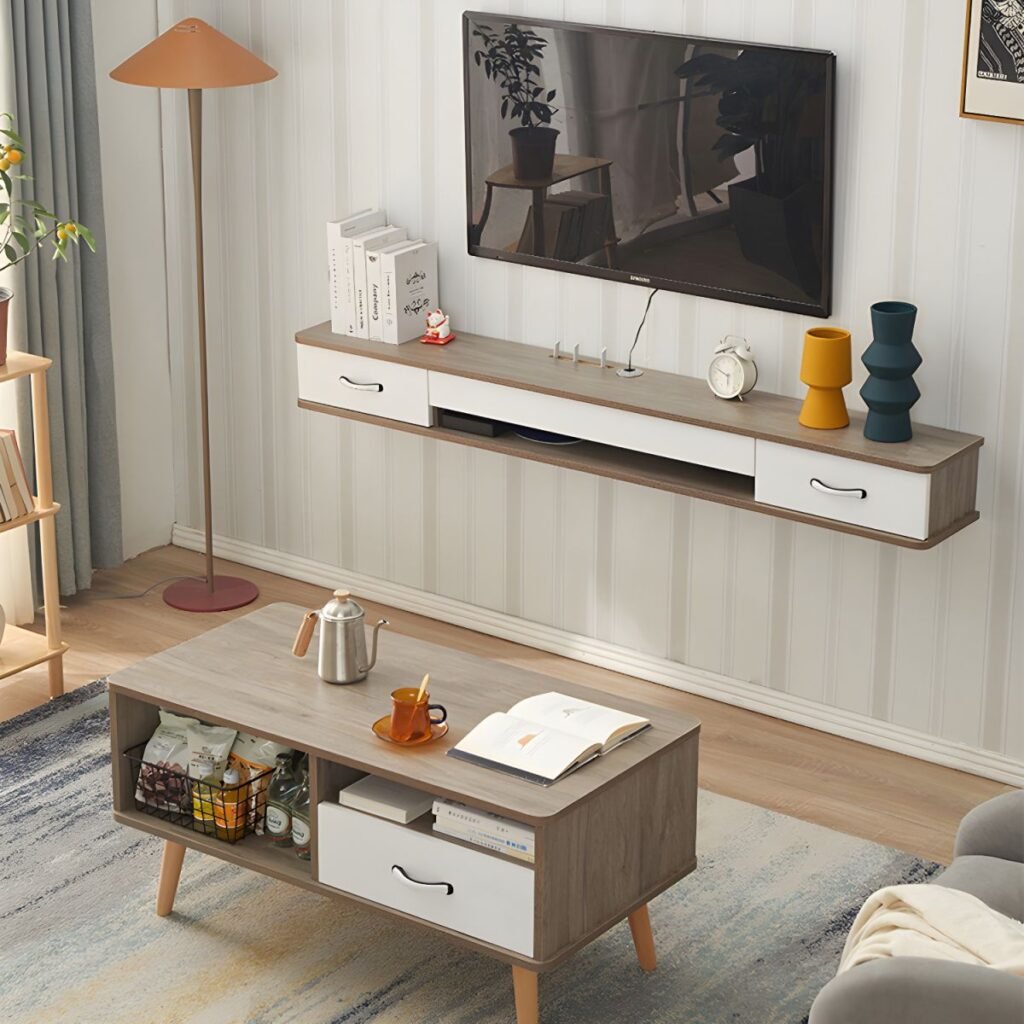 1200x12009 38 Sleek Floating Grey White TV Stand with 2 Drawers, 40 inch Wall Mounted Media Console in Tricolor Wood Finish