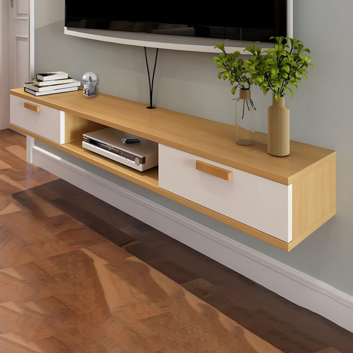 Nordic Wall-Mounted TV Console Solid Wood 2-Drawer Floating TV Stand Console - Image 10