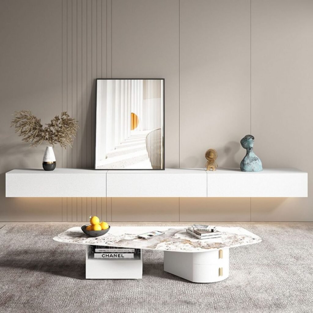 1200x12009 47 Sleek White Floating TV Stand with 2 Drawers, Stunning 71 inch Wall Mounted Media Console for Modern Luxury Spaces