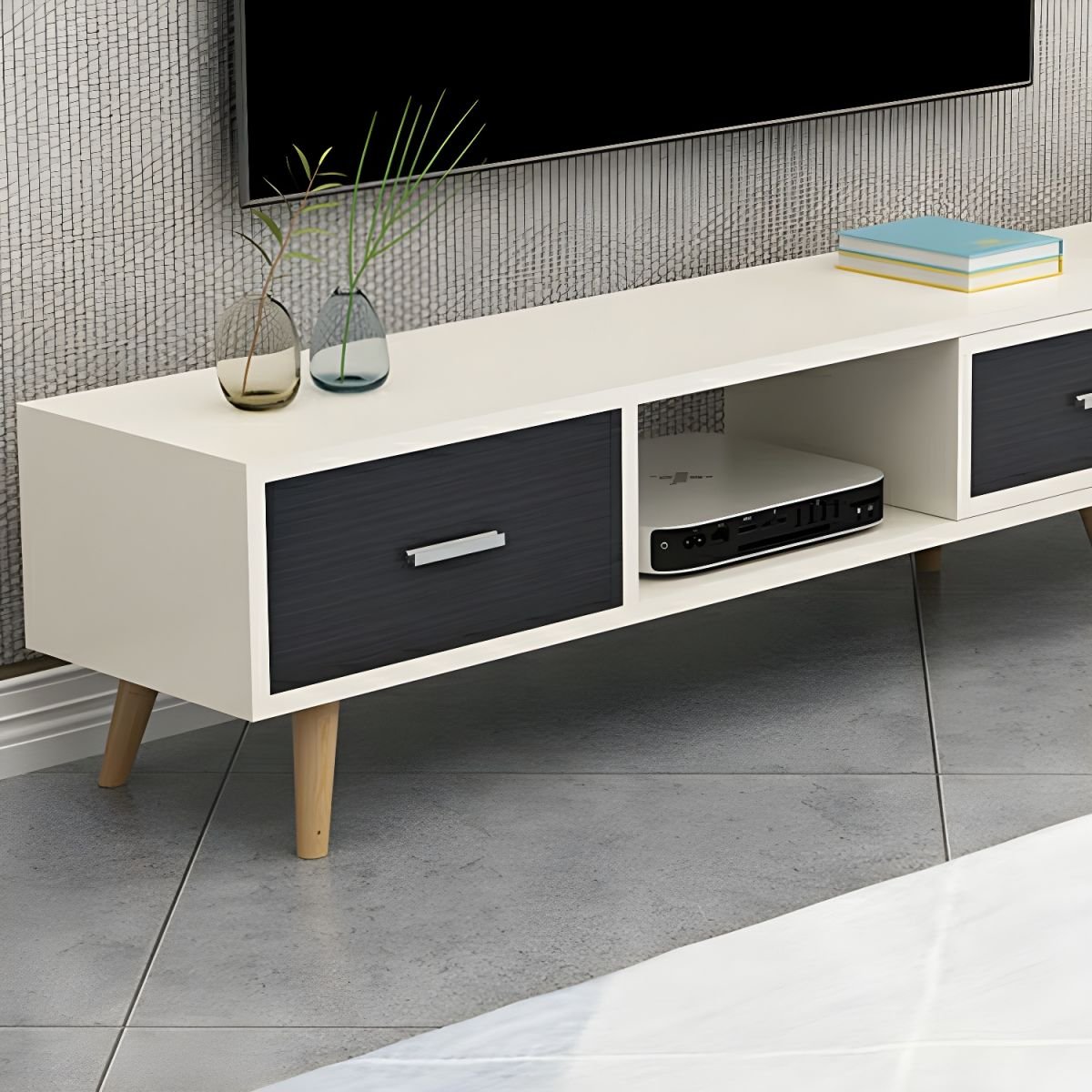 Wood TV Stand Console in Wood with Storage Drawers and Metal Legs Glam - Image 10