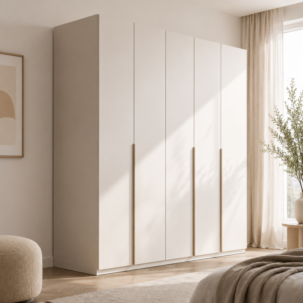 Apexerahomelife JX-HD-017 Charming Warm White Wardrobe featuring minimalist flush doors with vertical long integrated gold profile handles