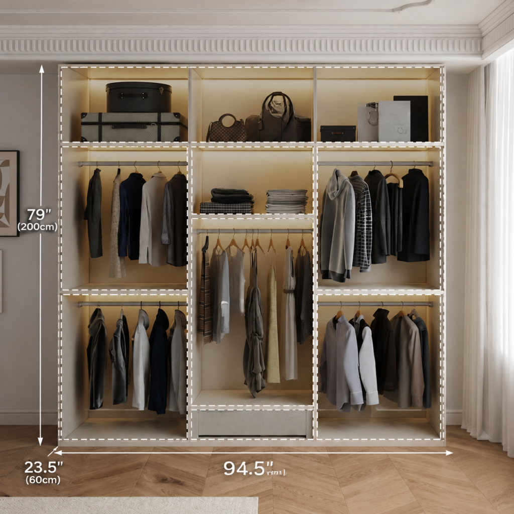 Internal organization layout of Apexerahomelife charming warm white wardrobe showing 79 inch height and 23.5 inch hanging depth with LED rails