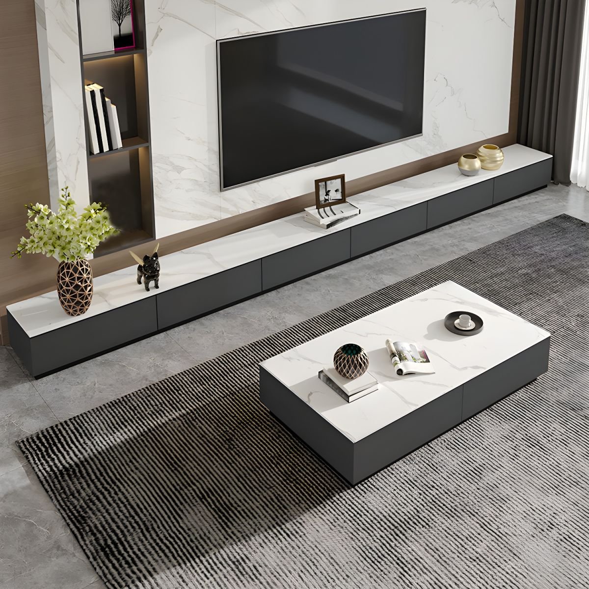 Modern Design Rectangular Chalk Stone TV Stand with Cable Management for Drawing Room - Image 2