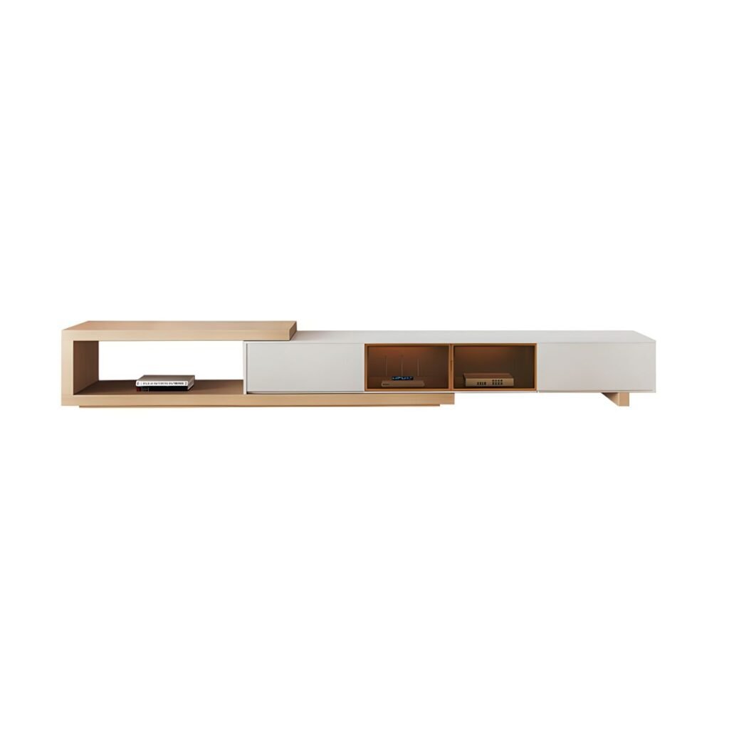 1200x1200 3 Sophisticated Extendable-Glass-TV-Stand with Tempered Glass Doors and LED Ambiance, 79" to 110" Flexible Modern Entertainment Center
