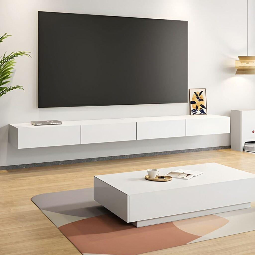 1200x12001 12 Refined White Floating TV Stand with 3 Storage Drawers, 71 inch Elegant Wall Mounted Media Console for Modern Homes