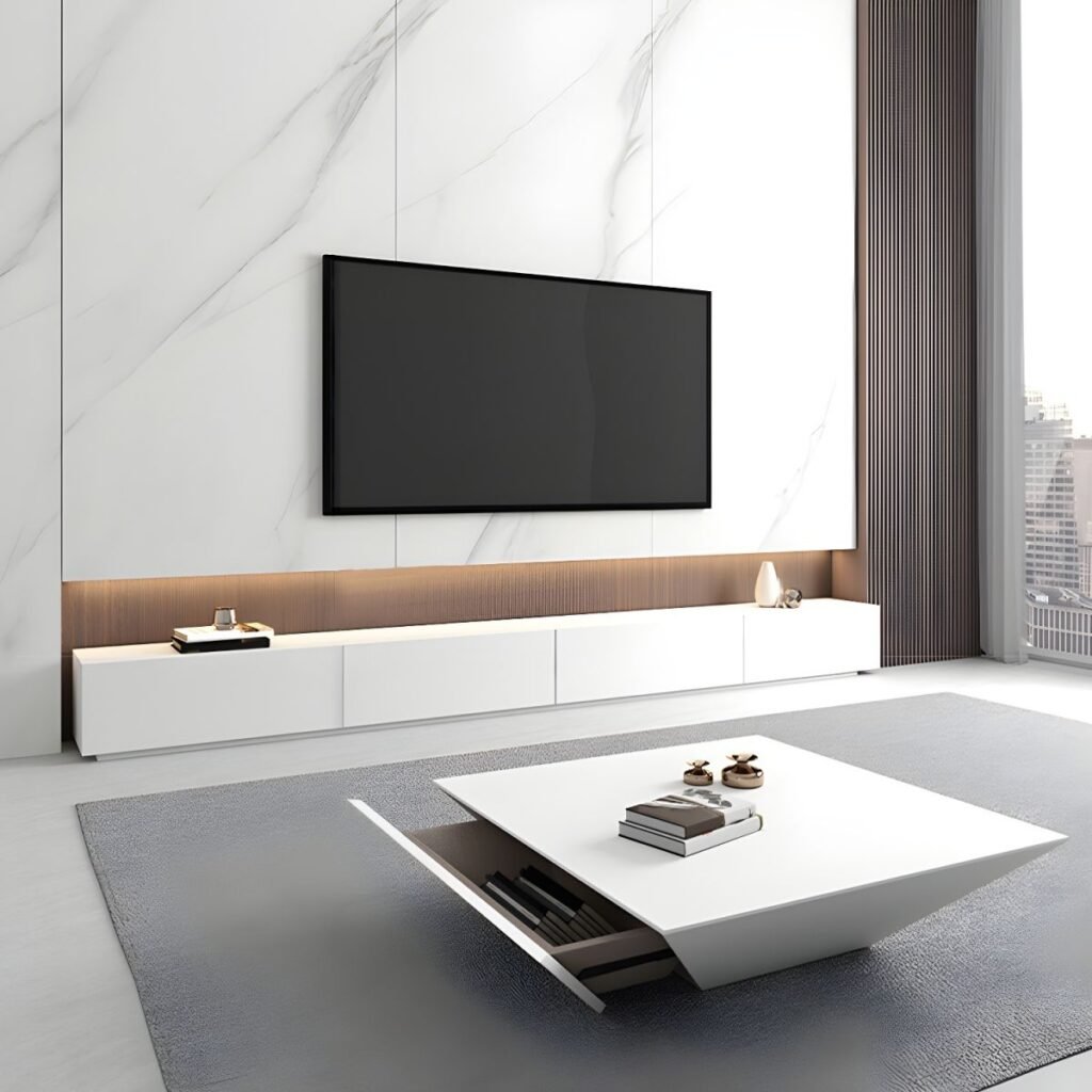 1200x12001 8 Chic 71 inch White Media Console with Hidden Handle Drawers, Sophisticated Seamless TV Stand for Modern Luxury Living Rooms