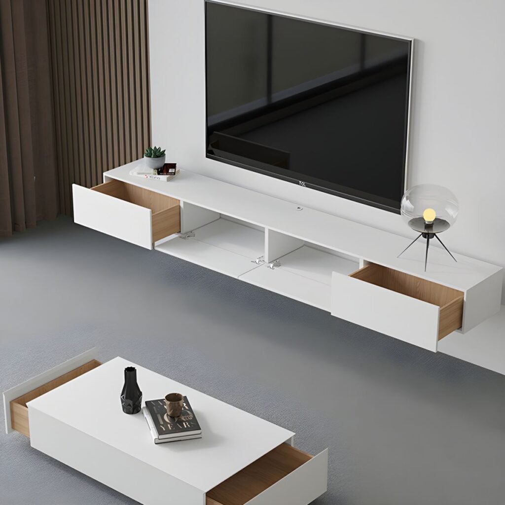 1200x120010 5 Modern White Floating TV Stand with 3 Storage Drawers, 71 inch Elegant Wall Mounted Media Console for Chic Living Room