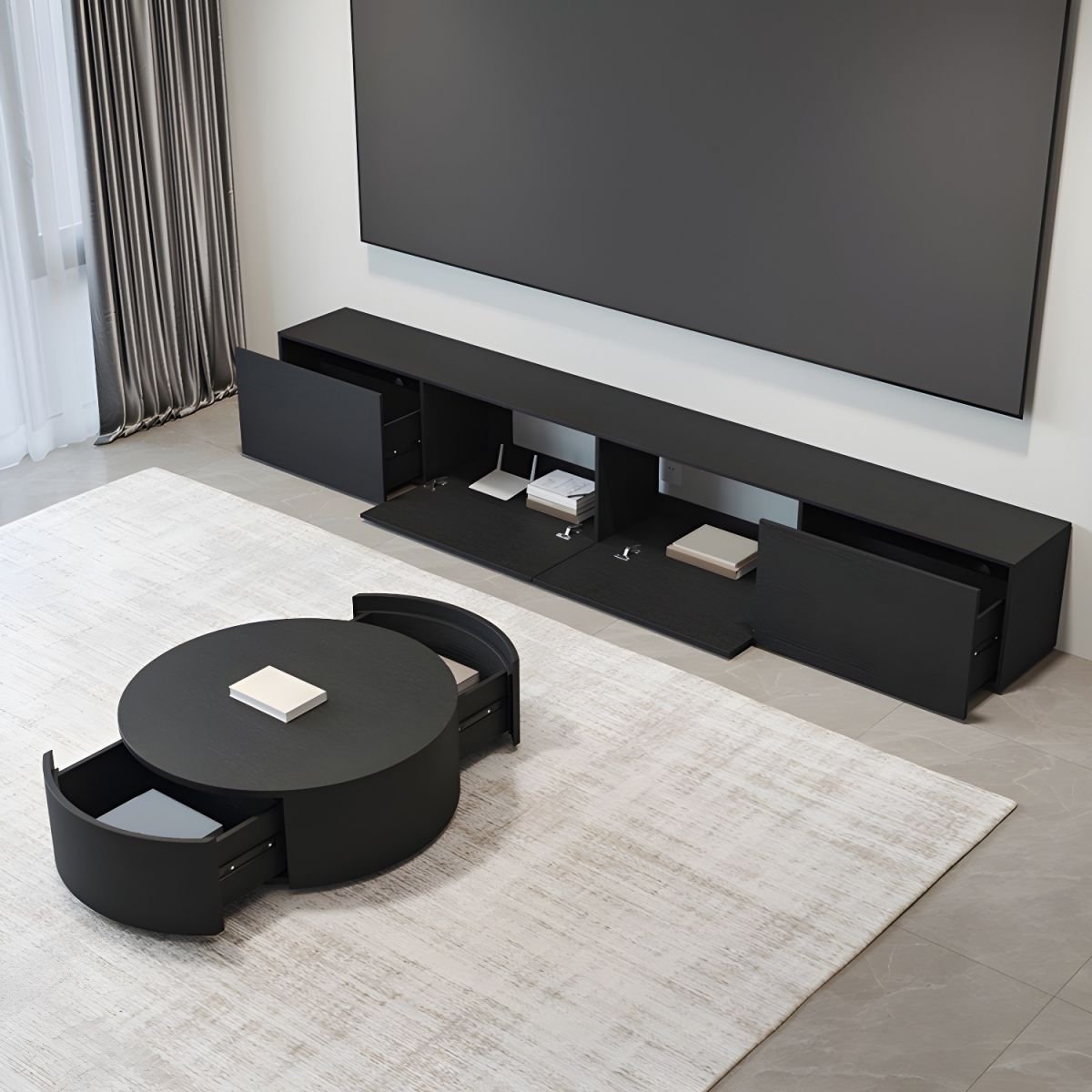 Sleek Matte Black Modern Wood TV Stand with Shelf and Multiple Cabinets Including Door 时尚哑光黑色现代木质电视柜, - Image 3