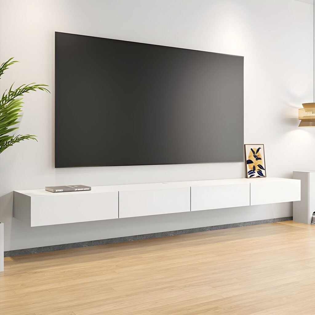 1200x120012 2 Refined White Floating TV Stand with 3 Storage Drawers, 71 inch Elegant Wall Mounted Media Console for Modern Homes