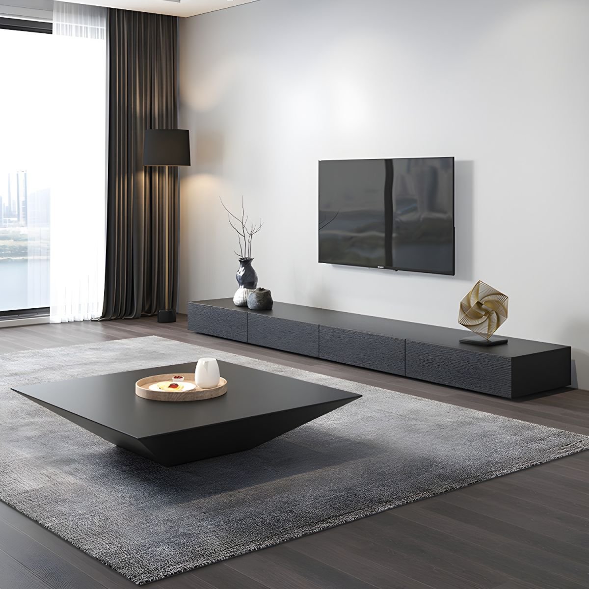 Modern TV Stand with Drawers and Soft Close Glides - Low Height, Wood Material