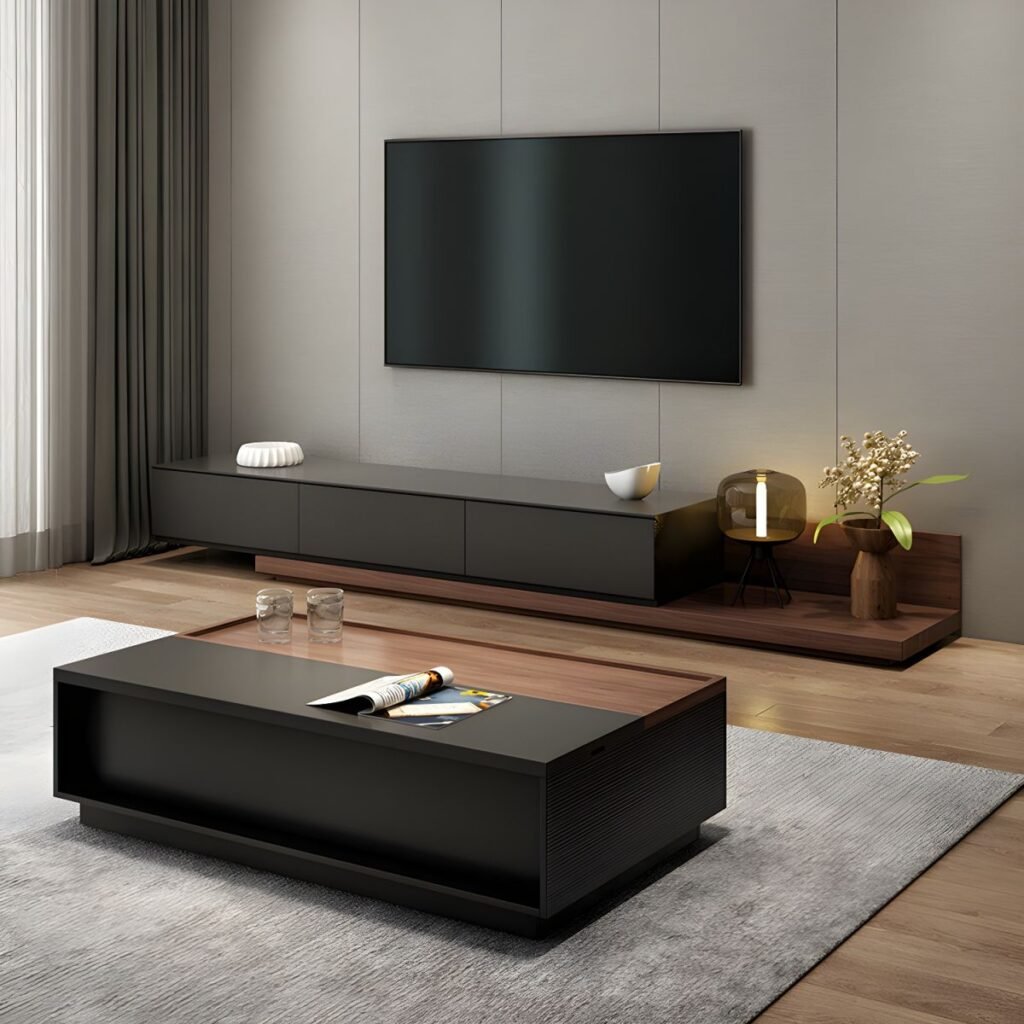 1200x12002 11 Black Wood Grain Extendable Stand Exquisite with 3 Storage Drawers, 82 inch Bold Textured Media Console for Luxury Estates