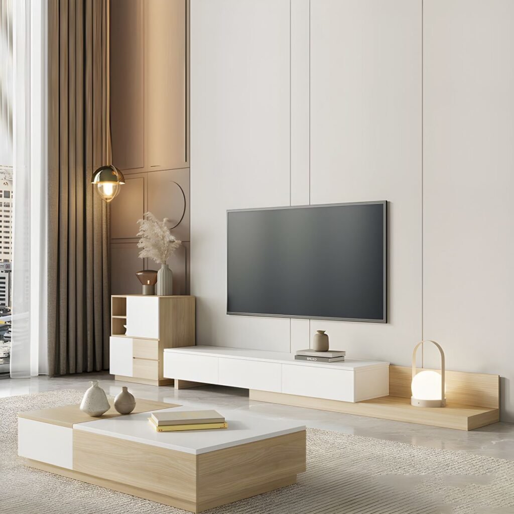1200x12002 14 Chic Wide Extendable TV Stand with 3 Storage Drawers, 138 inch Extra Long Modern Media Console for Grand Interiors