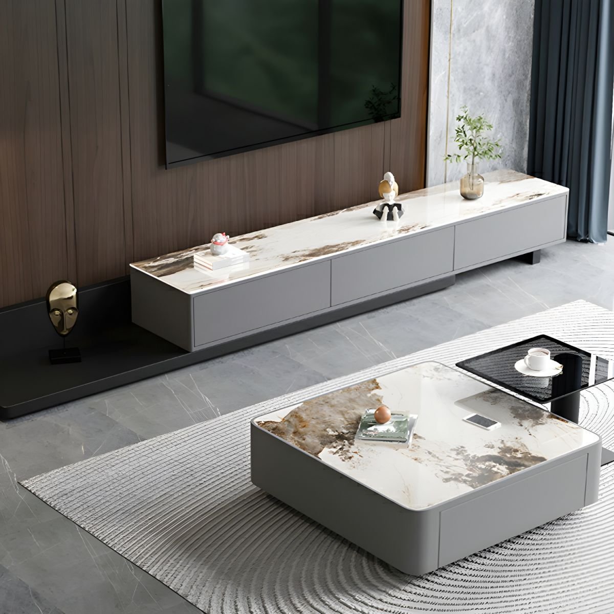 3 Drawers Simplistic Stone TV Stand in Gray - Image 2