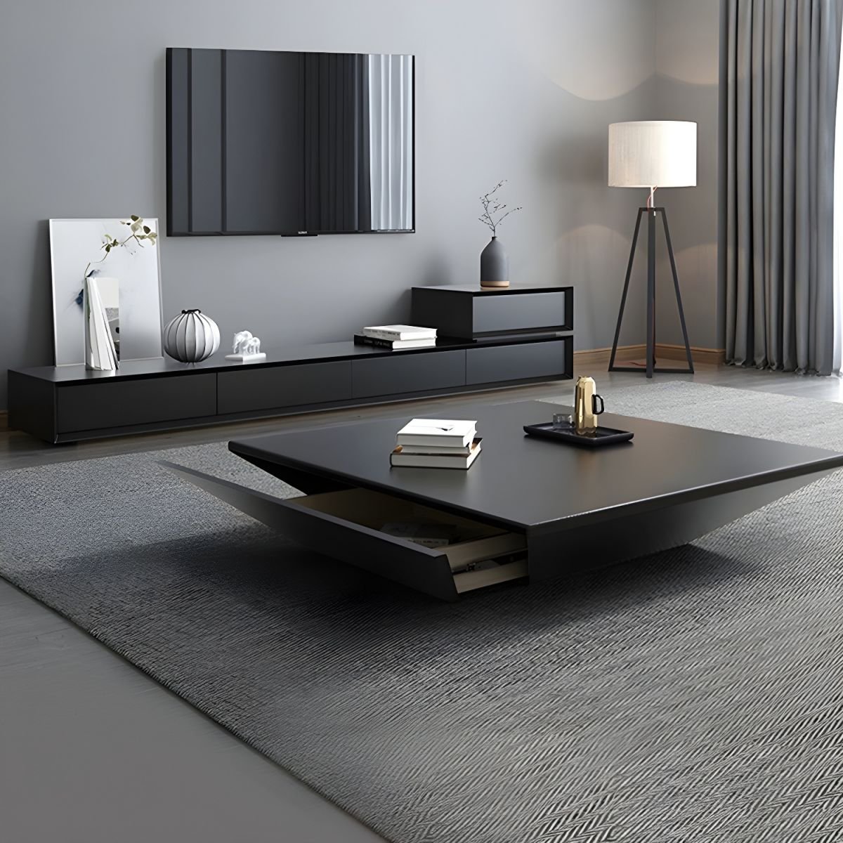 Modern TV Stand with Drawers and Soft Close Glides - Low Height, Wood Material - Image 3