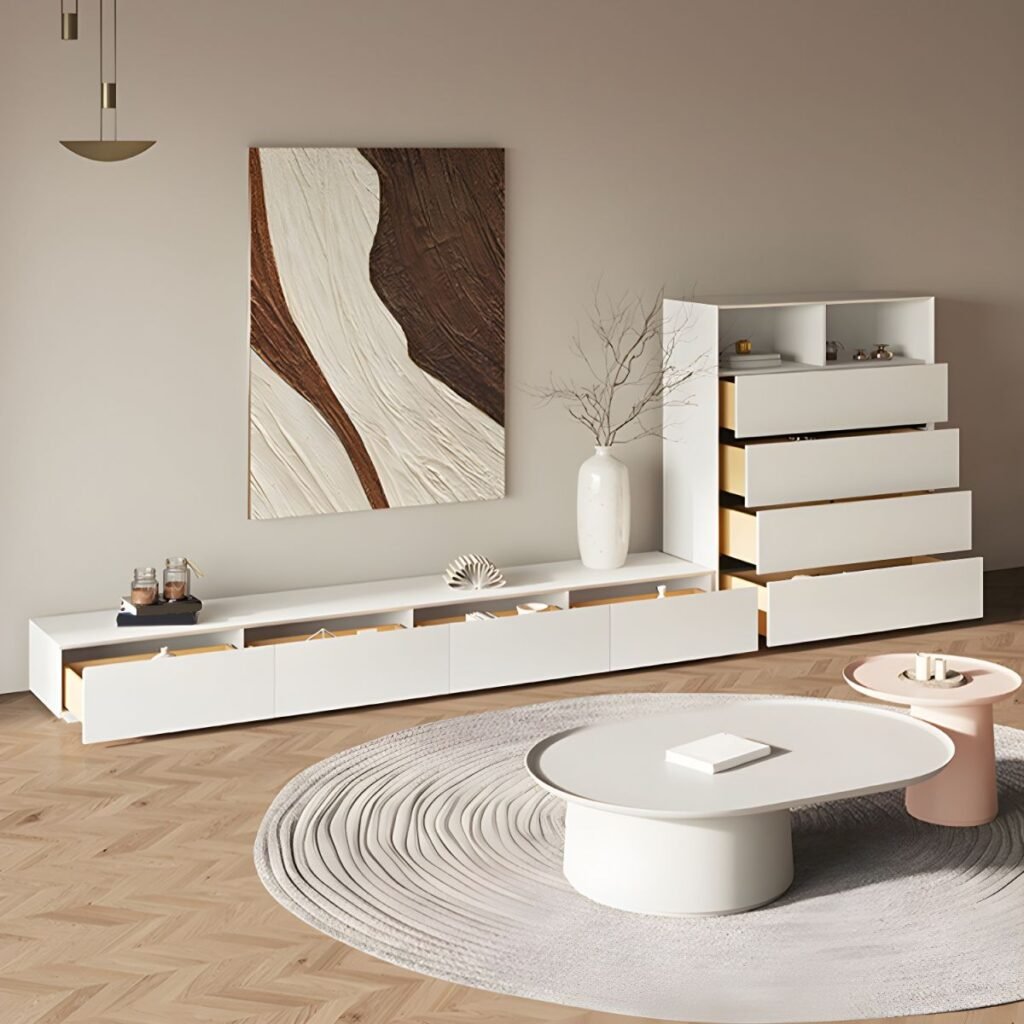1200x12003 3 Chic 71 inch White Media Console with Hidden Handle Drawers, Sophisticated Seamless TV Stand for Modern Luxury Living Rooms