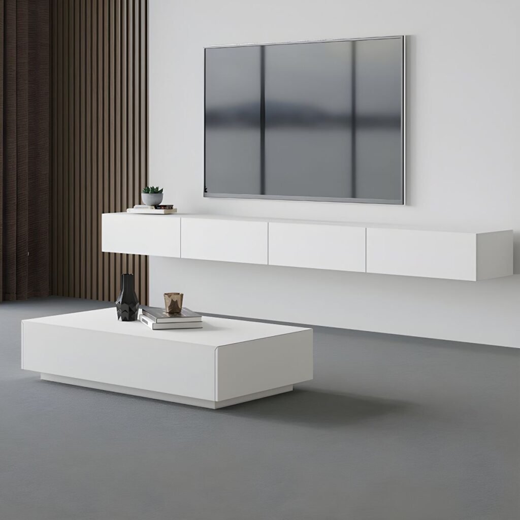 1200x12003 9 Modern White Floating TV Stand with 3 Storage Drawers, 71 inch Elegant Wall Mounted Media Console for Chic Living Room