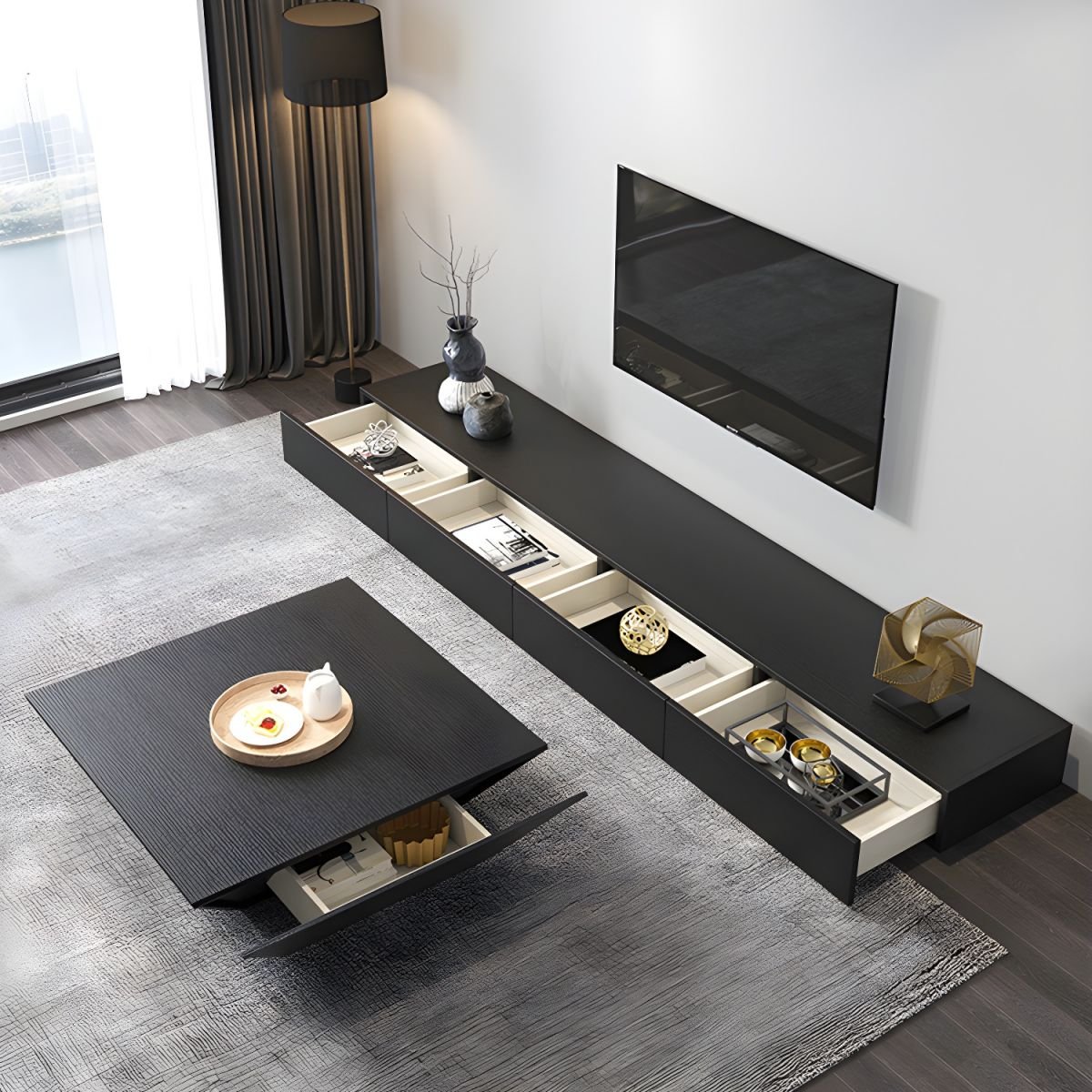 Modern TV Stand with Drawers and Soft Close Glides - Low Height, Wood Material - Image 7