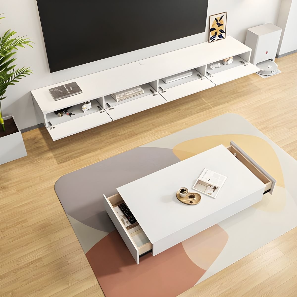 Beige Wood Veneer TV Stand with Shelf, 2 /3 /4 Drawers, Cabinet, Cable Management, and Door - Image 4