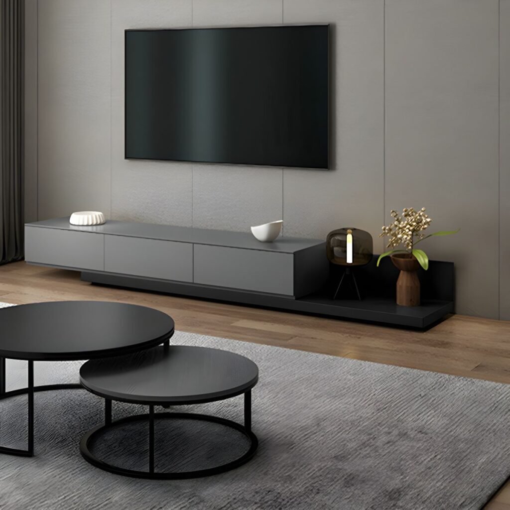 1200x12004 5 Black Wood Grain Extendable Stand Exquisite with 3 Storage Drawers, 82 inch Bold Textured Media Console for Luxury Estates