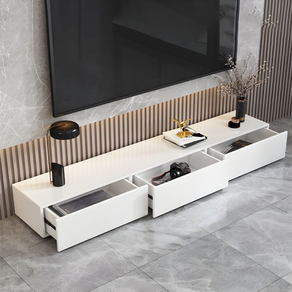 1200x12004 6 Chic White Floor TV Stand with 2 Drawers, 47 inch Elegant Media Console for Minimalist Living Spaces