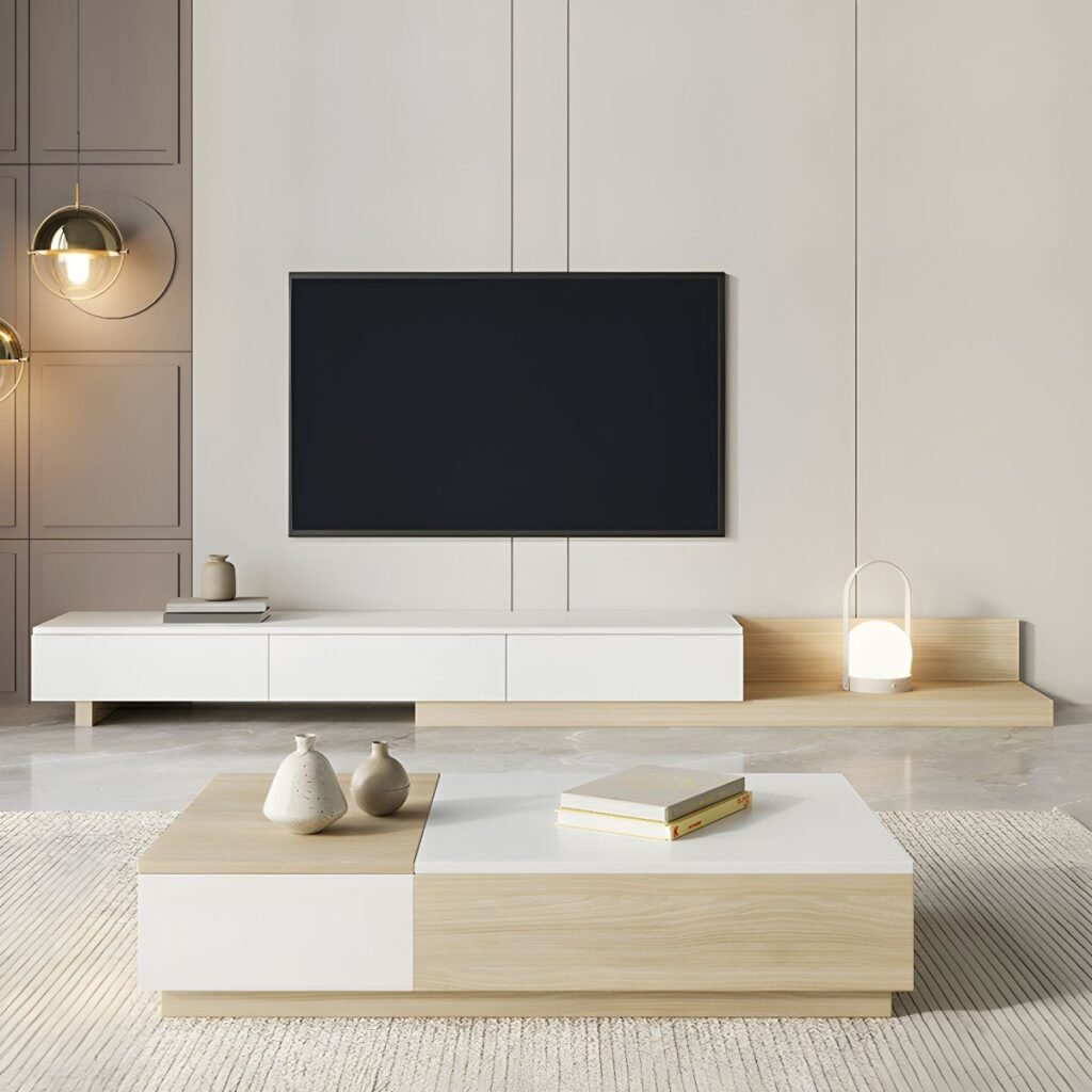 1200x12004 7 Chic Wide Extendable TV Stand with 3 Storage Drawers, 138 inch Extra Long Modern Media Console for Grand Interiors