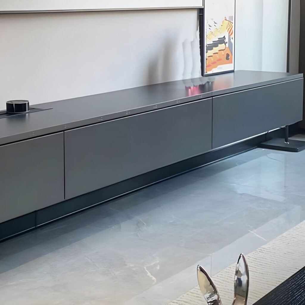1200x12005 2 Sophisticated Grey White Modern TV Stand with Gas Strut Storage, 79 inch Large Media Console for Upscale Living Spaces
