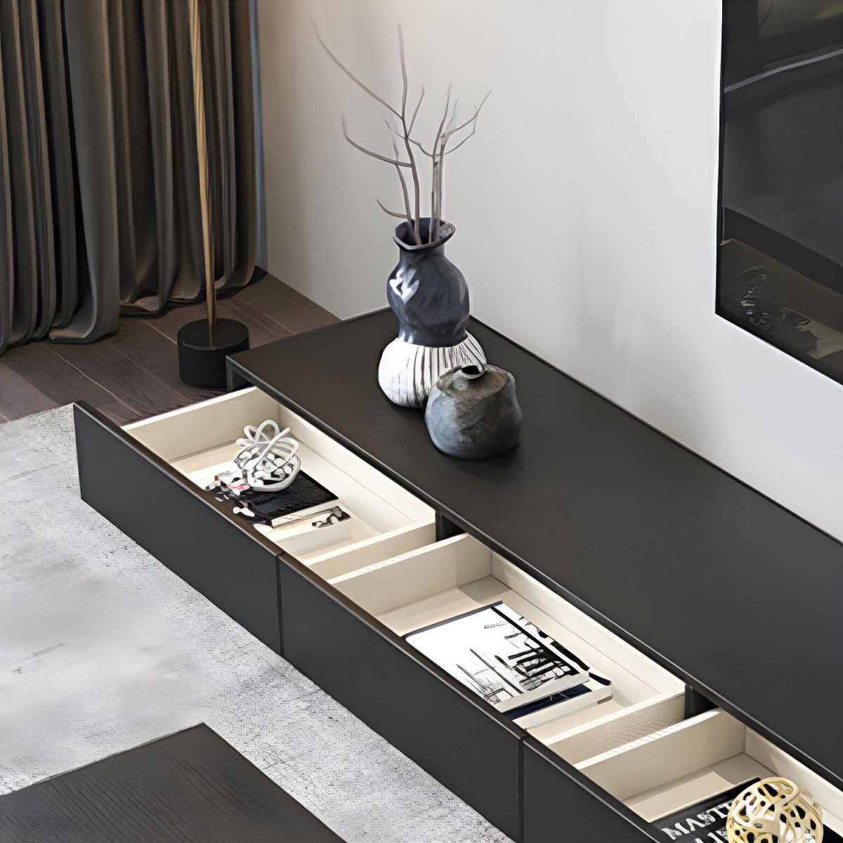 Modern TV Stand with Drawers and Soft Close Glides - Low Height, Wood Material - Image 6