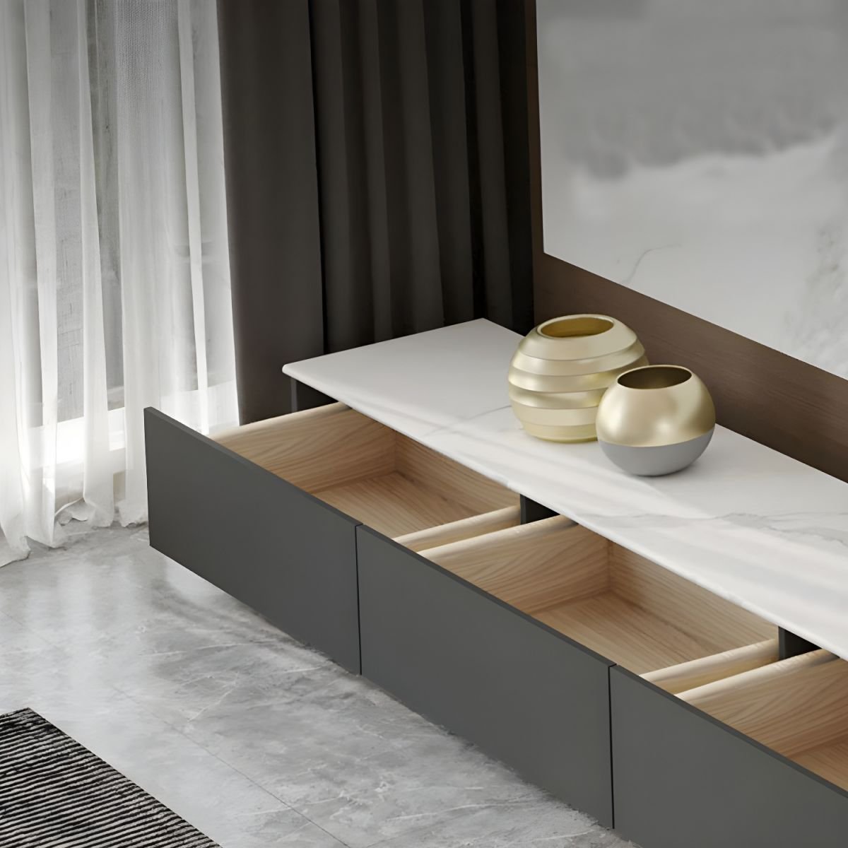 Modern Design Rectangular Chalk Stone TV Stand with Cable Management for Drawing Room - Image 4