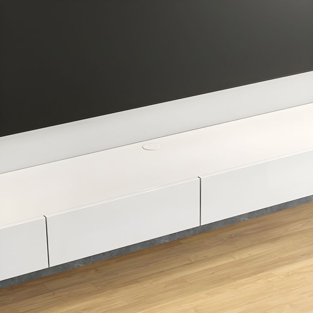 1200x12008 9 Refined White Floating TV Stand with 3 Storage Drawers, 71 inch Elegant Wall Mounted Media Console for Modern Homes