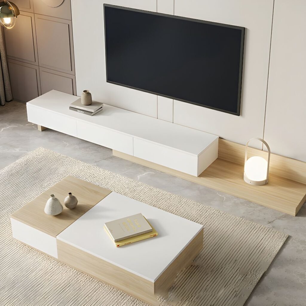 1200x12009 10 Chic Wide Extendable TV Stand with 3 Storage Drawers, 138 inch Extra Long Modern Media Console for Grand Interiors