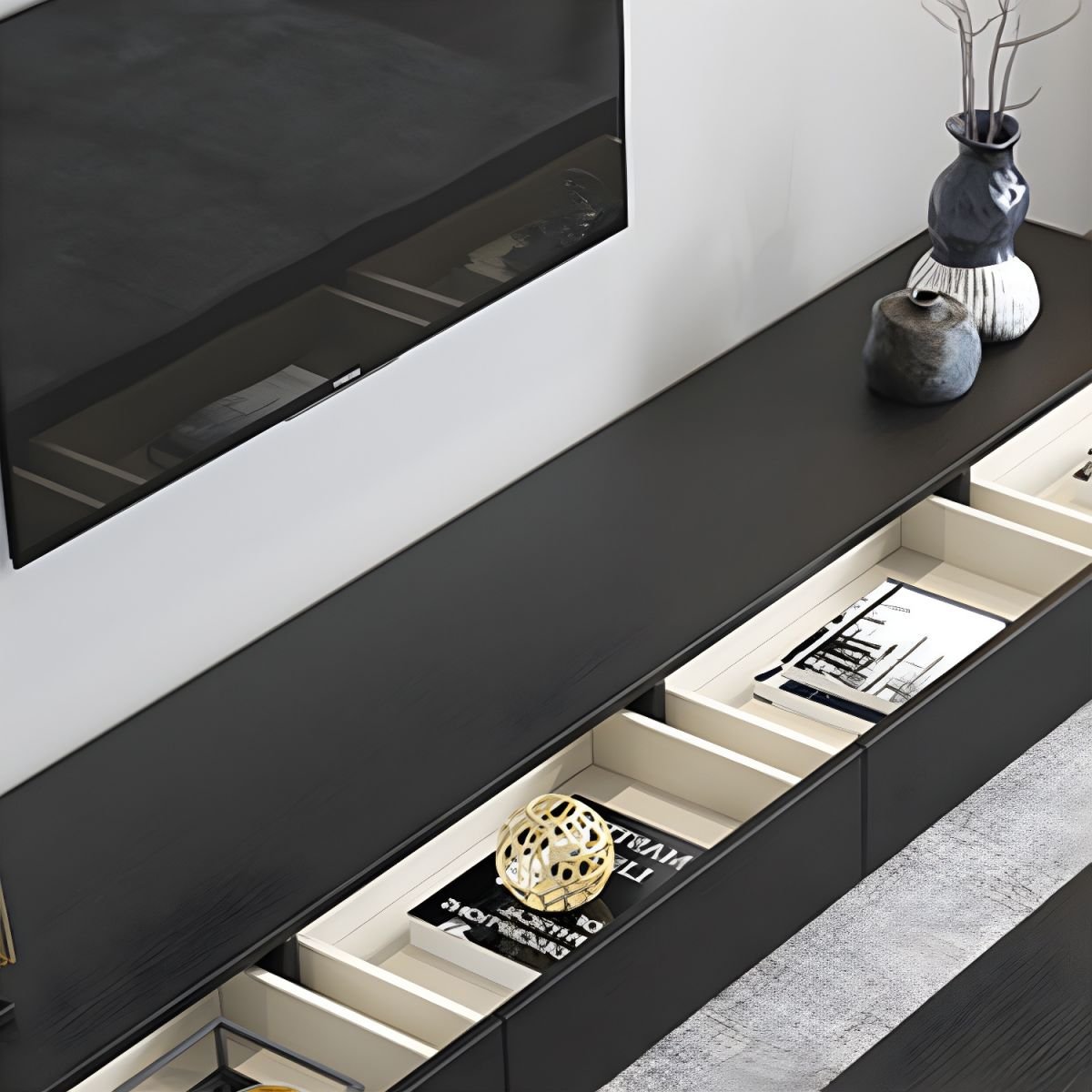 Modern TV Stand with Drawers and Soft Close Glides - Low Height, Wood Material - Image 5