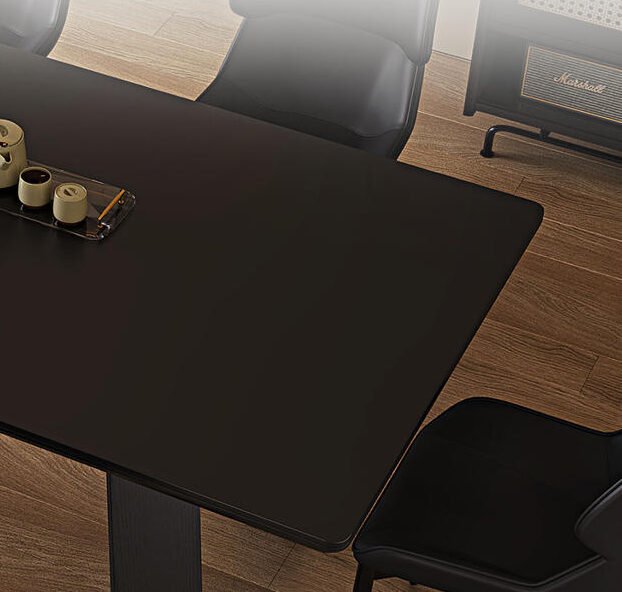 Overhead wide-angle view of the Apexerahomelife solid wood dining set JX-DTS-002 featuring a large rectangular black dining table with six matching ergonomic black chairs on a light wood floor.