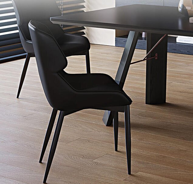 Eye-level side profile of the Apexerahomelife solid wood dining set JX-DTS-002 in a modern minimalist room with built-in dark shelving and beige wall panels.