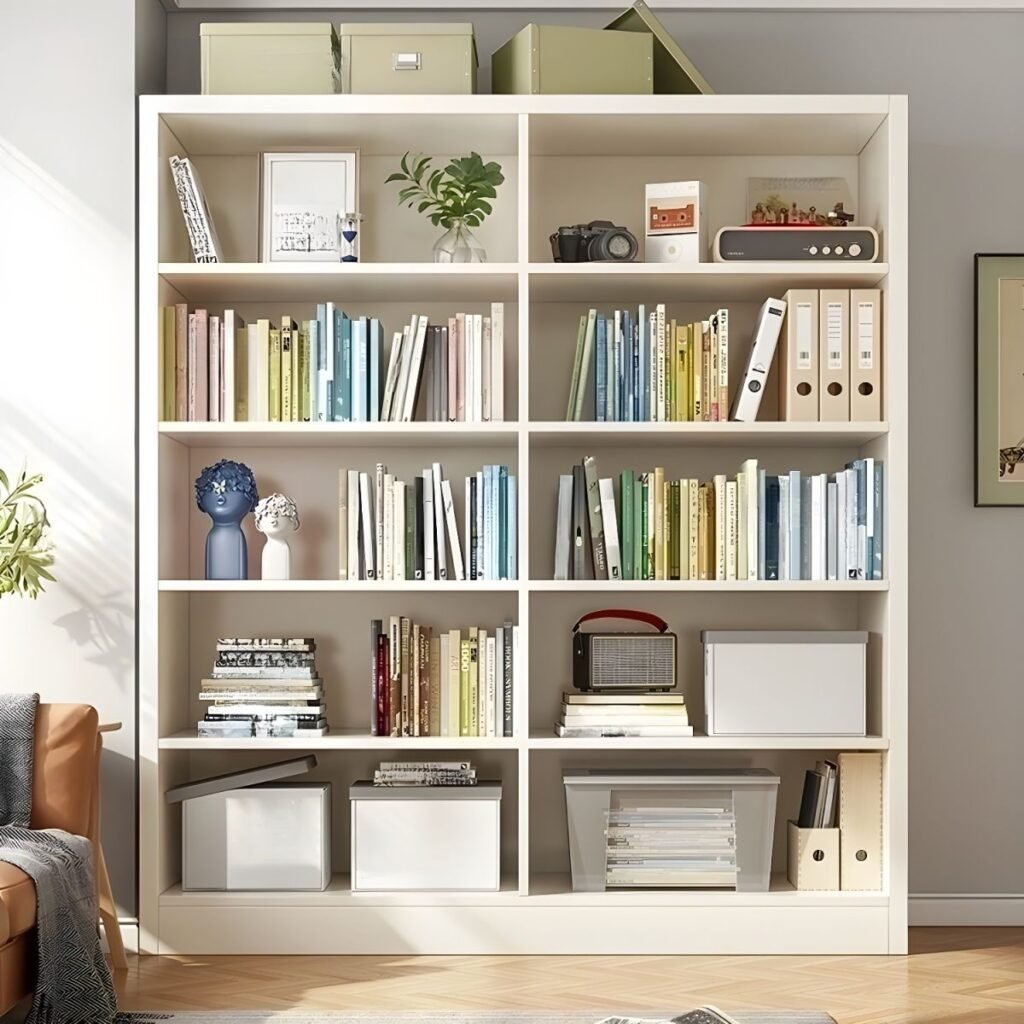 A tall, Modern White Bookcase featuring a 5-tier Open Shelves design. The Minimalist Wooden Bookshelf stands 71 inches high in a crisp white finish, showcasing a clean and airy structure. Styled with books and minimalist decor, this White Storage Cabinet and Wooden Display Shelf represent an easy-to-install board construction for contemporary homes.