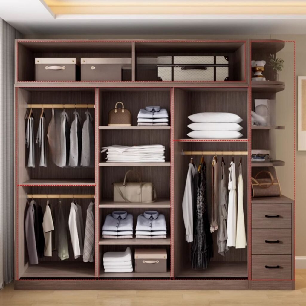 Internal layout of an eco-friendly E0 bedroom storage system showing hanging rods, adjustable shelves, and smooth-gliding sliding tracks.