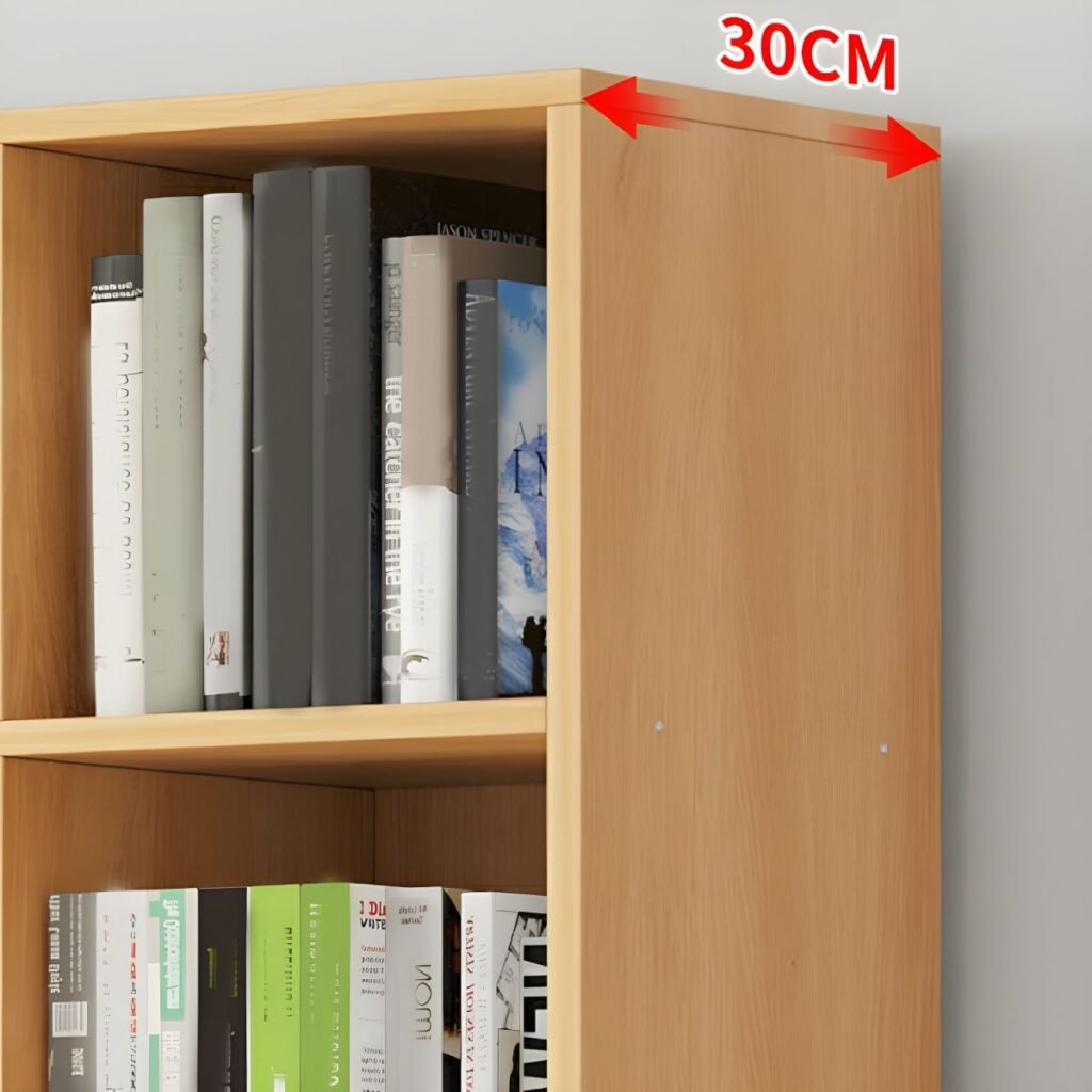 A 79-inch (200cm) tall Natural Wood Bookcase in a light oak grain finish. Features 3 open upper tiers as a Wooden Display Rack and a bottom section with 2 Lower Cabinet Doors for Concealed Base Storage. The Rustic Storage Organizer is shown in a bright home office setting, highlighting its minimalist board construction and easy-to-install design.