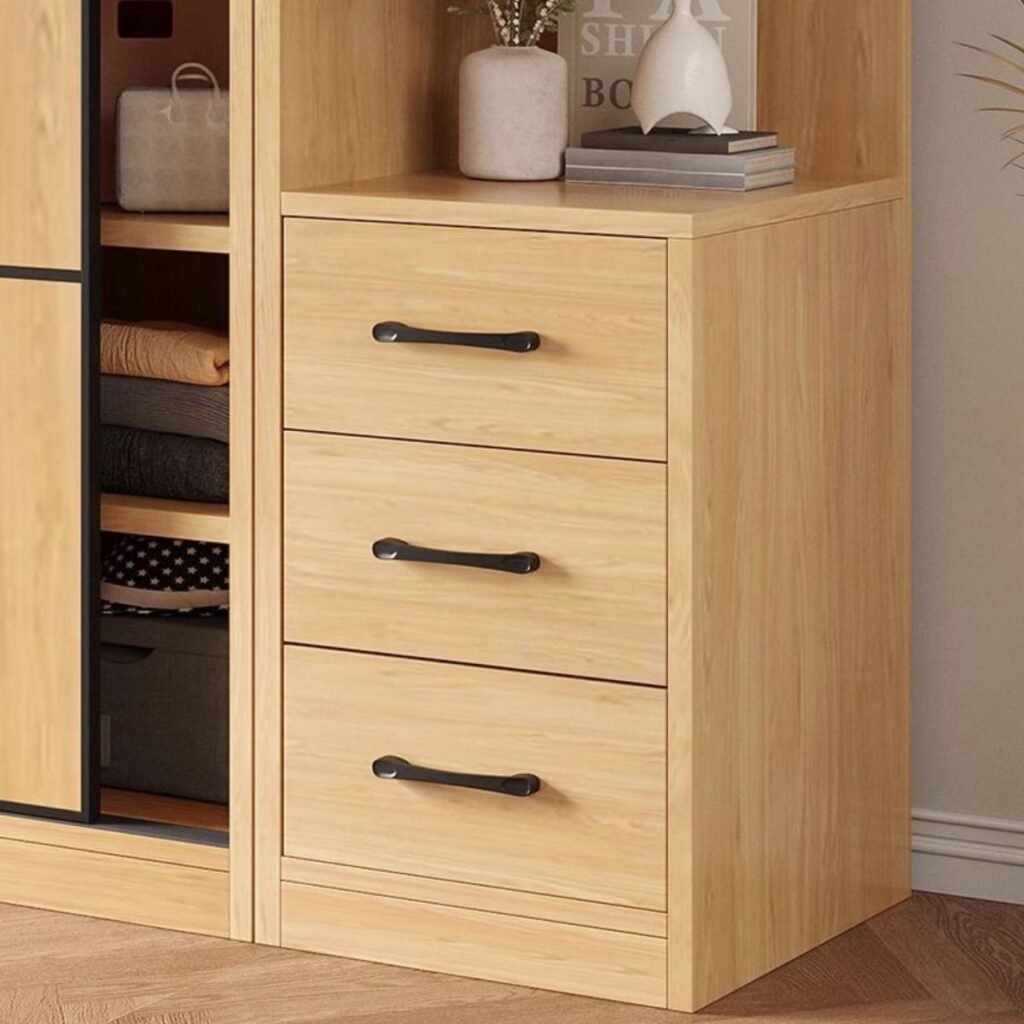 Close-up of an Integrated Wardrobe with Side Drawers by Apexerahomelife, highlighting the wood grain texture and ergonomic pull handles on Sustainable E0 Storage System panels.