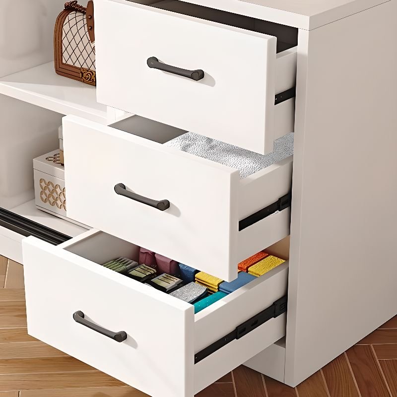 Detailed view of a Multi-Functional Modular Storage System with open-access side shelves and drawers featuring ergonomic handles and soft-close tracks by Apexerahomelife.