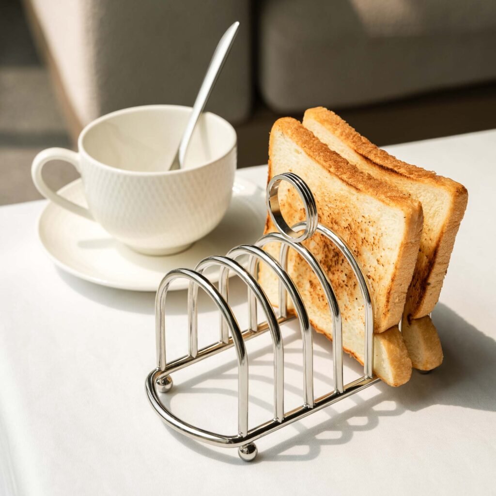 Steel Toast Rack (SS-105) featuring a mirror-polished wire frame structure for bread slices, showcased as a Luxury Mirror Polished Bread Holder.