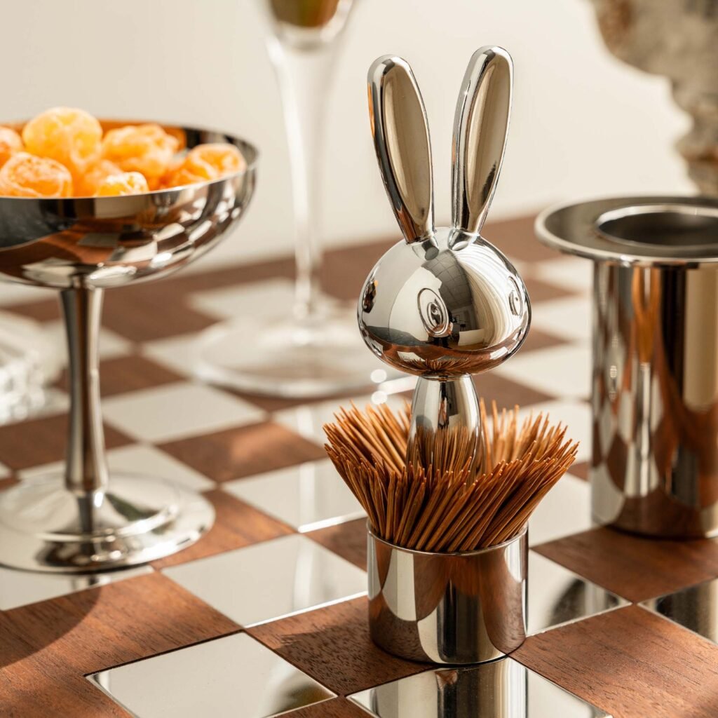 Steel Rabbit Toothpick holder (SS-111) featuring a mirror-polished cylindrical base and upright rabbit ears, shown as a Luxury Mirror Polished Bunny Holder.