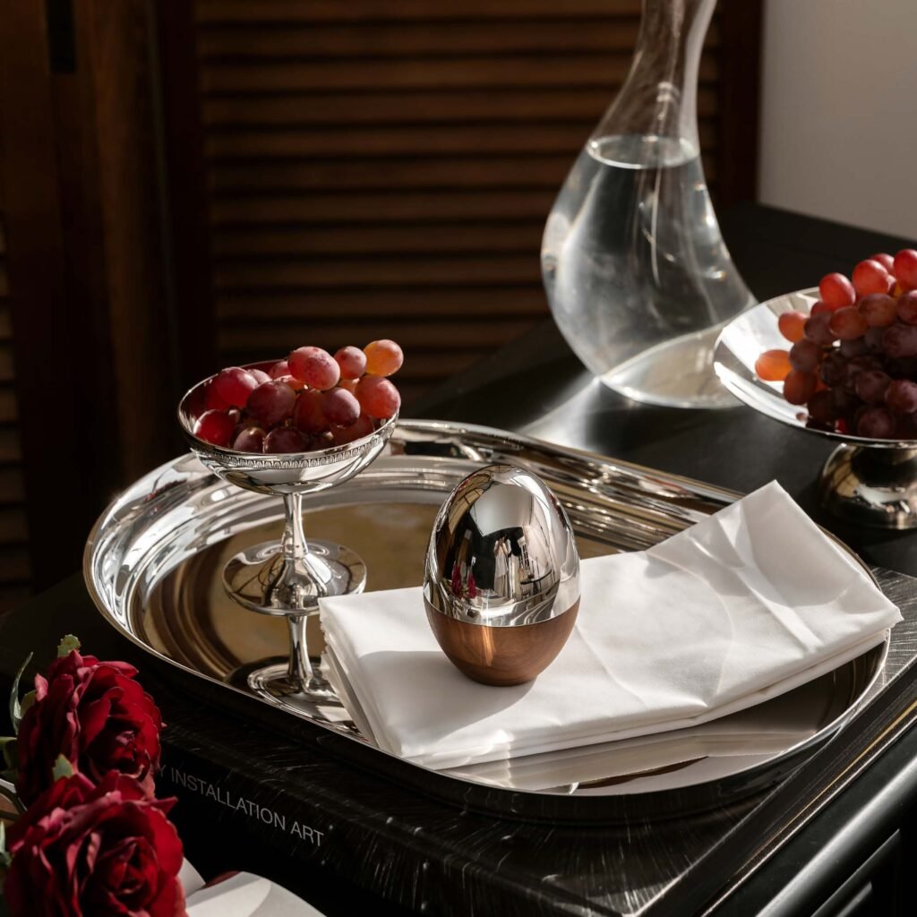 Steel Fruit Picks featuring a mirror-polished egg-shaped base with bird-shaped forks, showcased as a Luxury Mirror Polished Appetizer Fork set.