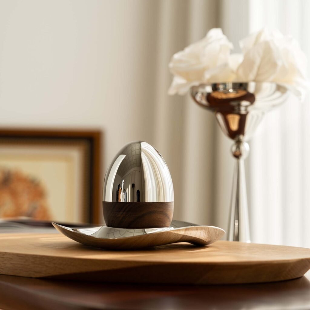 Steel Egg Holder featuring a mirror-polished pedestal base and a curved cup, showcased as a Luxury Mirror Polished Egg Cup.