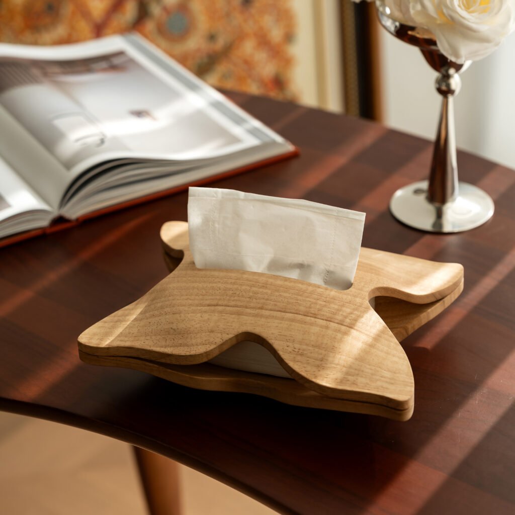 Wood Tissue Box (SS-12) featuring a premium timber body with an artistic butterfly-wing opening and smooth matte finish, showcased as a Luxury Handcrafted Timber Case.