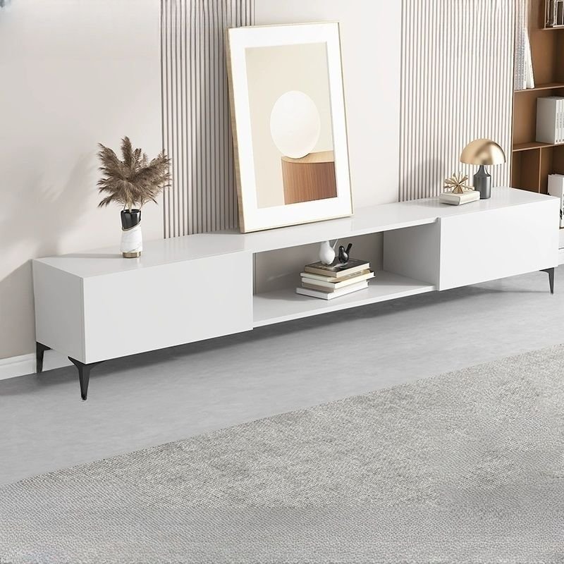 Modern Grey White Floating Stand 79 inch by Apexerahomelife, featuring a central open shelf and 2 side drawers in a contemporary two-tone finish.