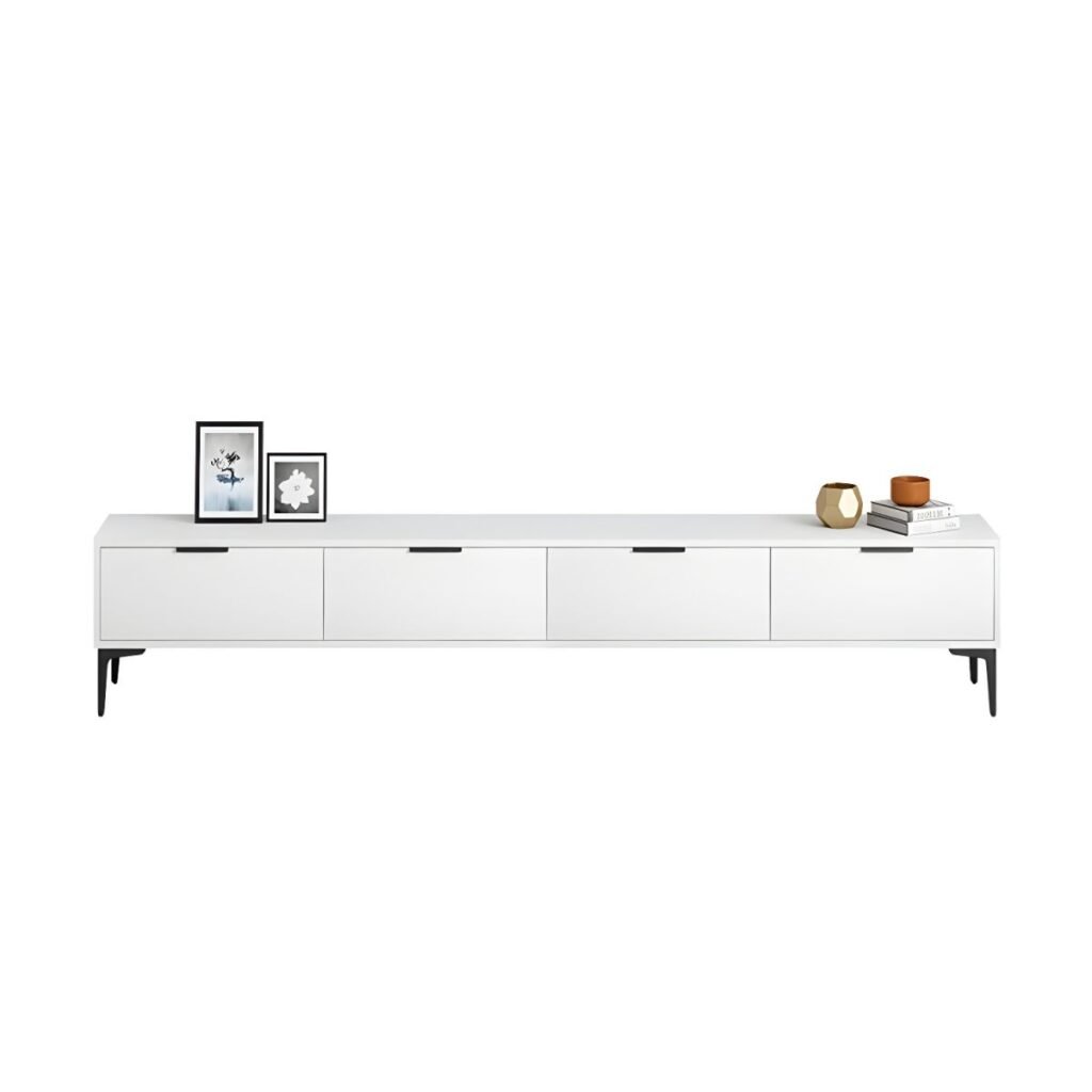 Close-up of the pristine white surface and hidden handle design on a Modern White 4 Drawer TV Stand, showing the E0 wood texture.