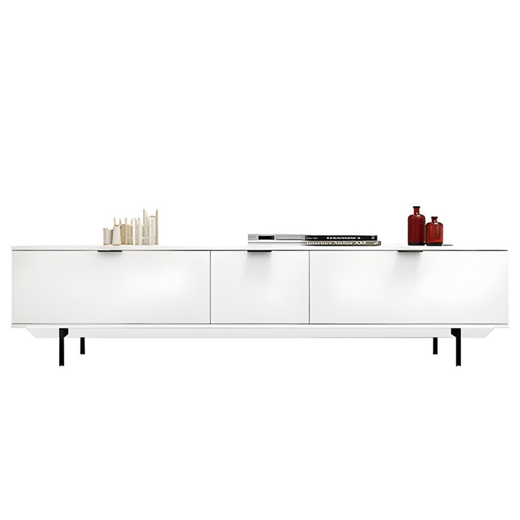 Modern White Gold TV Stand by Apexerahomelife, 200cm length featuring 3 drawers and elegant gold tapered legs on a pure white E0 wood body.